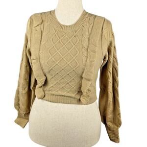 And Now This Cropped Knit Sweater Ruffled Front‎ Camel Brown Women's Size XS